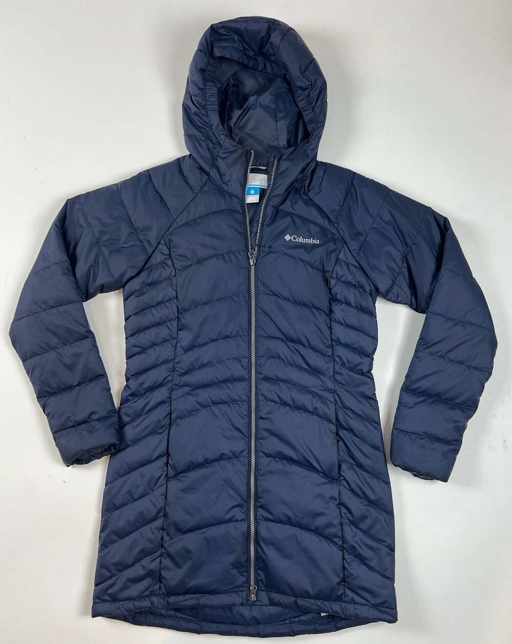 Columbia Women's Karis Gale Long Hooded Puffer Jacket Navy Blue Size M